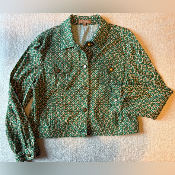 Ellen Tracy Green Geometric Print Jean Jacket, Women’s XL - Picture 1 of 8